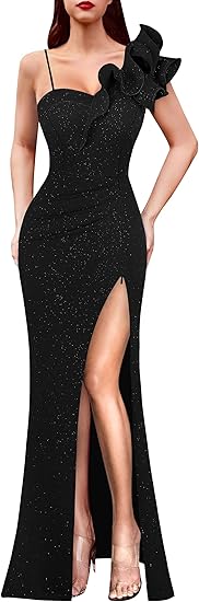 Womens Ruffle One Shoulder Strap Ruched Formal Full Of Charm Evening Dresses